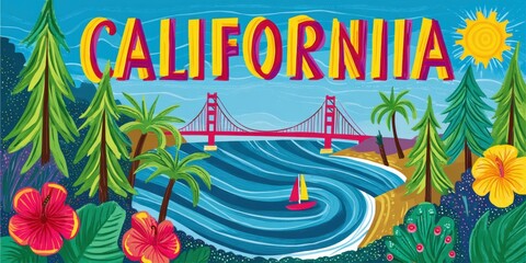 california landmarks, lively postcard with playful illustrations of californias culture, including surfers, wine country hills, and redwoods california in joyful sans-serif