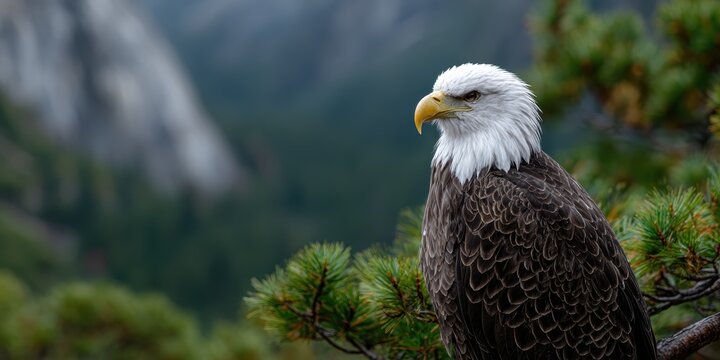 majestic eagle wildlife portrait, majestic bald eagle on branch, overlooking misty california valley, with sharp detail, mountains and pine forest in blurred background wildlife portrait