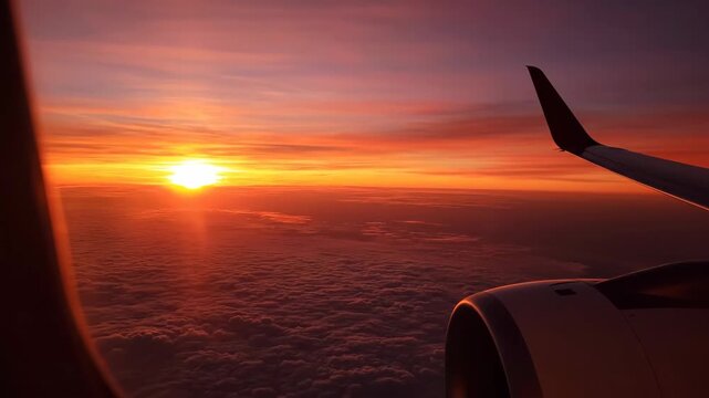 Aerial sunrise view from a plane window, clouds below the wings