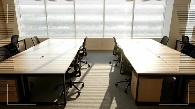 Bright open office space with empty desks and modern chairs