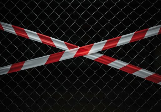 Red and white barrier tape crosses a metal chain link fence indicating no trespassing and denial of access to a sensitive area, warning, closure, absolute