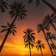 Naklejka premium Tropical paradise scene featuring tall palm trees silhouetted against a vibrant orange and yellow sky during the spectacular evening twilight ,colorful ,paradise ,orange
