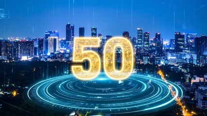Dynamic 50 Number Over Cityscape: Futuristic Technology Concept - Powered by Adobe