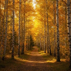 Obraz premium A beautiful forest pathway winding through a dense stand of vibrant golden birch trees illuminated by brilliant sunlight ,bright, seasonal, scenic