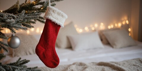 a christmas stocking hanging on a tree