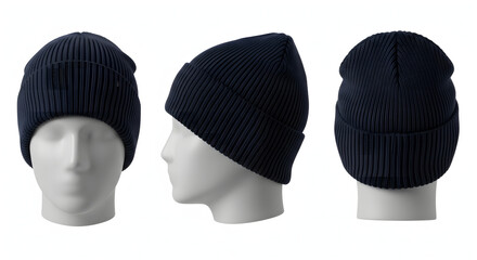 Black knit beanie hat displayed on a white mannequin head from multiple angles.