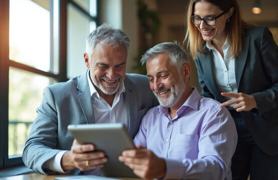 Three smiling business colleagues collaborate in modern office meeting. Two older men, one young woman discuss project strategy on digital tablet. Share ideas, plan development, work together on tech