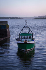 Fototapeta premium A green fishing boat moored at low tide in Cobh harbor, County Cork, Ireland.