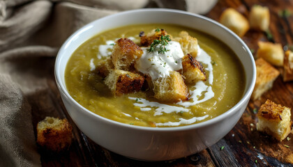 Split pea soup with cream and croutons