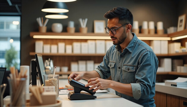 Man using point of sale system for retail transaction at checkout counter. Retail transaction includes payment at shop.