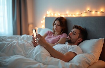 Man uses phone in bed while woman looks upset. Couple lies in bedroom with string lights. Couple has relationship problem, ignoring each other, one busy with phone.