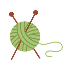 Ball of yarn with knitting needles illustration representing handmade crafts, cozy autumn vibes and creative hobby. For fall design themes. Simple flat vector. Hand drawn. Isolated background.