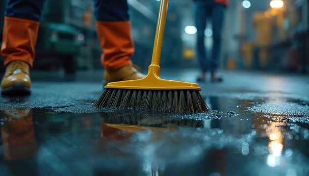 Worker cleans wet factory floor with yellow push broom. Liquid spill creates mess. Industrial maintenance person sweeps in plant. Safety, cleanup important tasks for worker in uniform. Diligent