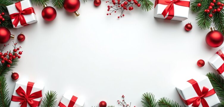 White gift boxes with red ribbons, shiny Christmas balls, green fir tree branches, vibrant red holly berries form decorative border. Festive holiday frame offers blank space for text seasonal