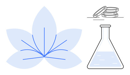 Flower outline overlaps with flask containing liquid, coins symbolize finance. Ideal for science, nature, sustainability, ecology, research, innovation economic growth. Simple flat metaphor