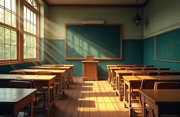 Fototapeta premium Empty old fashioned classroom with wooden desks, chalkboard. Sunlight streams through tall windows illuminating rows of antique school furniture. Natural light creates dramatic shadows on polished