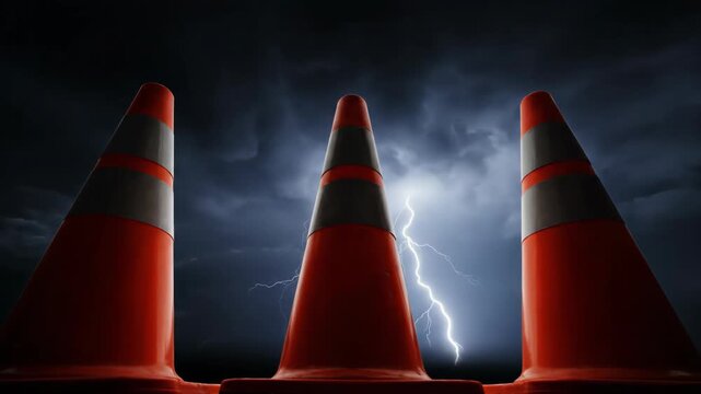 Orange traffic cones against a dark, stormy sky background