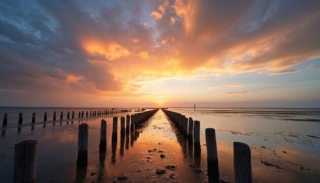 Wooden posts line a shallow sea during a colorful sunset. The calm water reflects the orange and pink sky. Horizon visible with distant navigation marker.