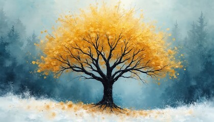 Golden autumn tree stands against a misty blue forest background with snow and falling leaves. Watercolor art style. Rich, luxurious colors and textures evoke a serene, magical mood.