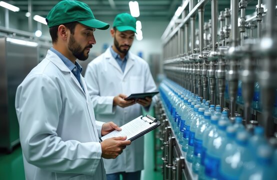 Two food technicians examine water bottling production in modern factory. Men wear white coats, green caps reviewing documents on clipboard, tablet. Monitor beverage line ensuring quality control