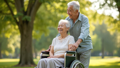 Happy Asian senior couple enjoys park stroll. Elderly man pushes wife in wheelchair. Smile, laugh, spend quality time together outdoors. Showing support, love, care, good health, life balance in