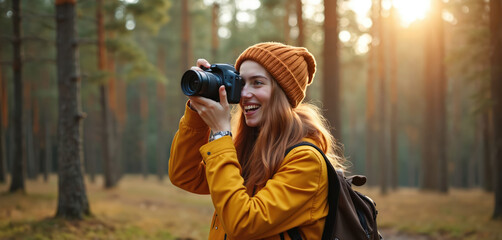 Young woman takes photos in sunny pine forest. Wears yellow jacket, orange knit hat, backpack. Girl smiles happily holding black digital camera, enjoying outdoor adventure, capturing beautiful autumn