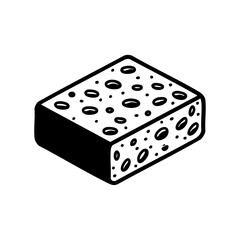 Black cleaning sponge with textured porous surface, commonly used for washing dishes, surfaces, or household cleaning purposes.