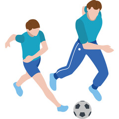 Two boys playing soccer together on a field with a transparent background in daylight