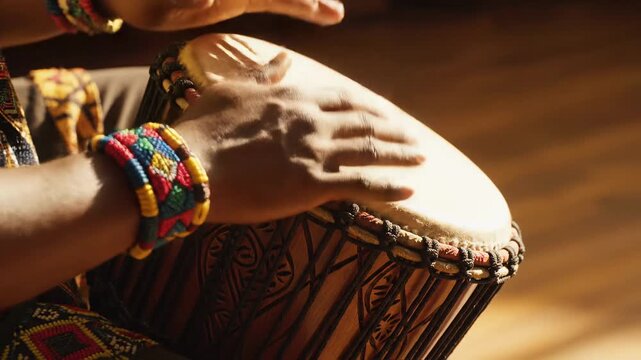 Close-up of hands playing a traditional African djembe drum. Musician creating a rhythm on a percussion instrument. World music and cultural heritage concept in a vertical format