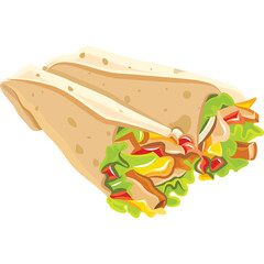 Two Delicious Chicken Wraps Filled With Fresh Lettuce Tomatoes and Other Vegetables Against a White Background