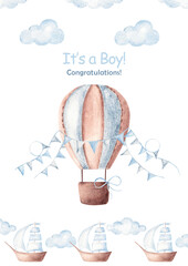 Cute baby shower boy announcement card template with hot air balloon, blue flags, sea boat and clouds. Hand drawn design for newborn greeting or gender reveal party.