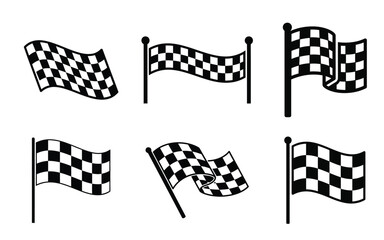 Obraz premium Set of six checkered racing flags waving on poles isolated on white background
