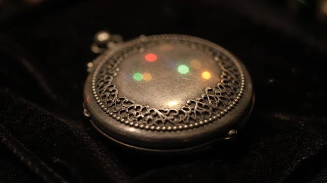 Antique locket with colorful light reflections on a dark background