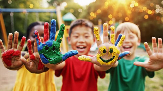 Happy diverse children showing colorful painted hands to the camera. A multiethnic group of friends playing with paint in a sunny playground. Childhood friendship and creativity concept