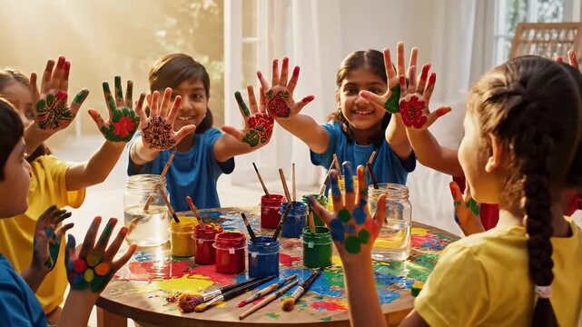 Happy Indian children having fun painting colorful designs on their hands. A group of kids in an art class showing their painted palms to the camera. Childhood creativity and friendship concept