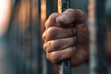 Gritty Close-up of a Prisoner's Hand Gripping a Metal Bar