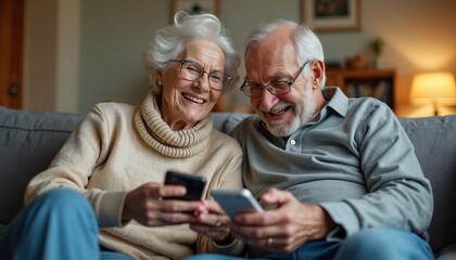 Elderly couple sits on sofa watching smartphone videos, laughing together. Seniors enjoy online content, mobile tech, sharing digital moments at home. Happy family using phones.