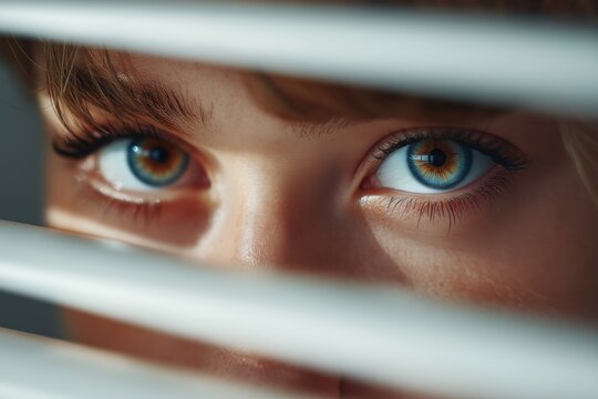 Woman's Eyes with Heterochromia Peeking Through Blinds