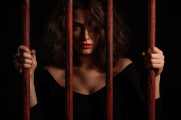 Seductive woman with red lips holding onto red prison bars.