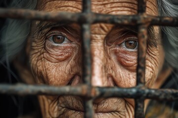 Extreme close-up of an elderly woman's wrinkled eyes behind a rusty fence.
