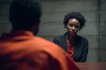 Fototapeta premium Serious female detective interrogating a male inmate in a concrete room.