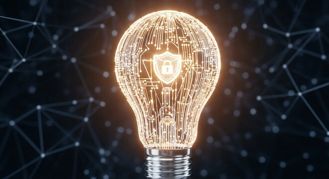 glowing 3D light bulb made of circuit patterns — symbol of innovation and ideas protection