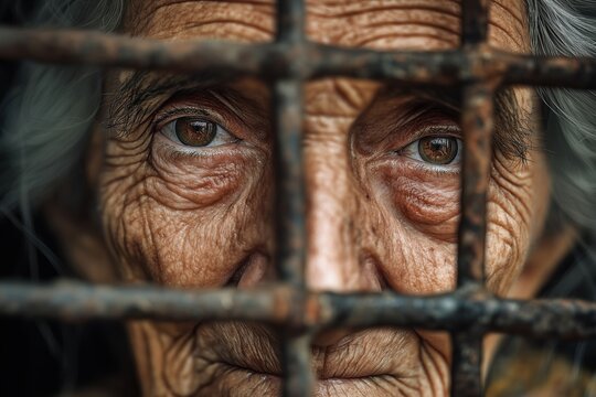 Extreme close-up of an elderly woman's wrinkled eyes behind a rusty fence.