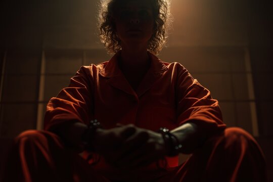 Silhouette of a female inmate sitting in a dark, moody prison cell.