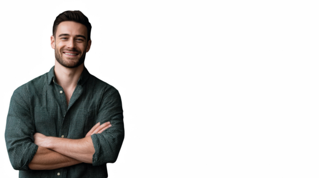 Smiling man with crossed arms a confident and friendly portrait isolated on white background