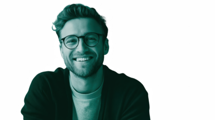 Portrait of a smiling young man with glasses a happy and casual studio shot on a white background