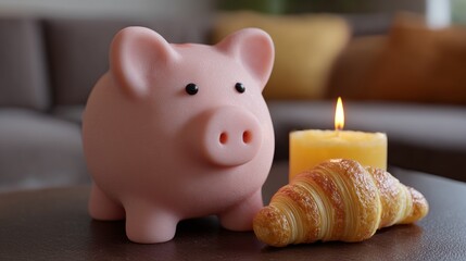 Matte pastel pink piggy bank with hyper-realistic croissant candle decor. Contrast matte pastel pink decor against a rich, minimalist chocolate brown surface.