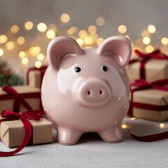 Handcrafted pink piggy bank, eco-friendly gifts, 'Crem&egrave;le Neutral' surface. Feature a handcrafted pastel pink piggy bank as a sustainable holiday gift.