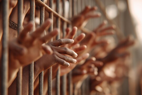 Many prisoners' hands reaching out from behind bars for help.