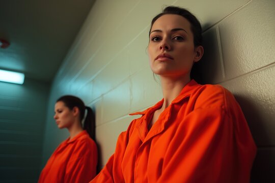 Two female prisoners in a hallway, with one looking at the camera.